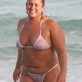 chubby girl in a see through bikini in front of everyone