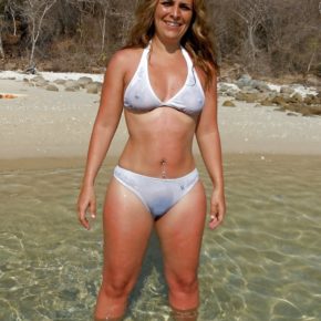 mom in see through bikini at the beach