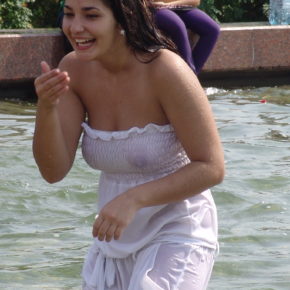 big natural tits in a see through top at the fountain