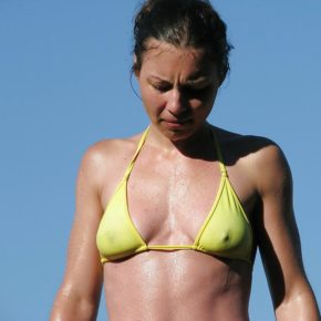 saggy boobs older lady in see though top