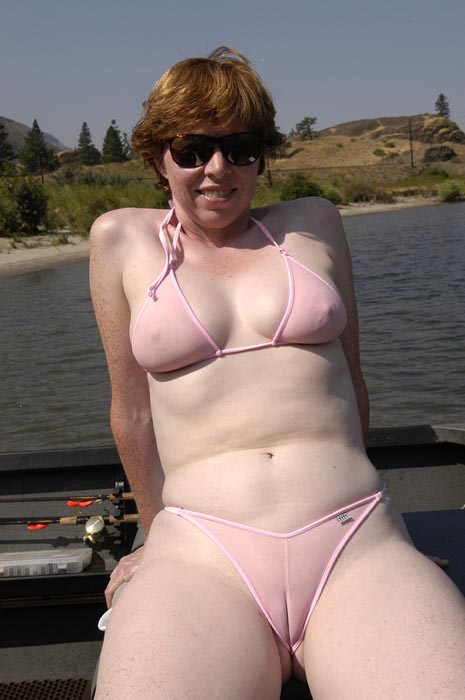 red head milf in see through bikini at the lake