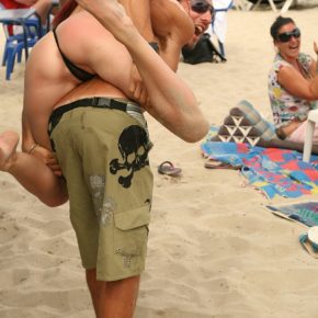 her pussy and asshole are exposed during piggy back ride